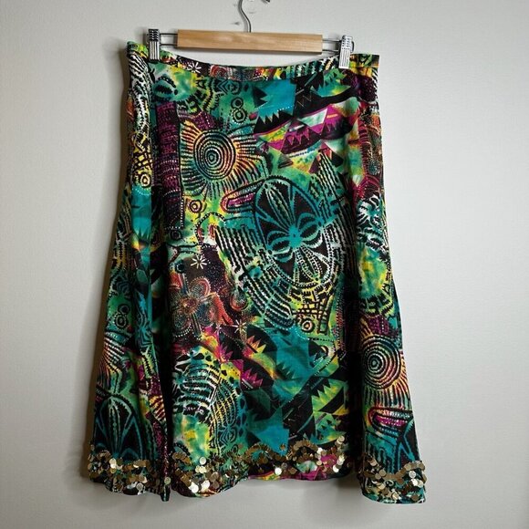 WD NY Skirt Sz 12 Colorful Astract Gold Pailettes Cotton Linen A Line Artsy Boho - Picture 6 of 9